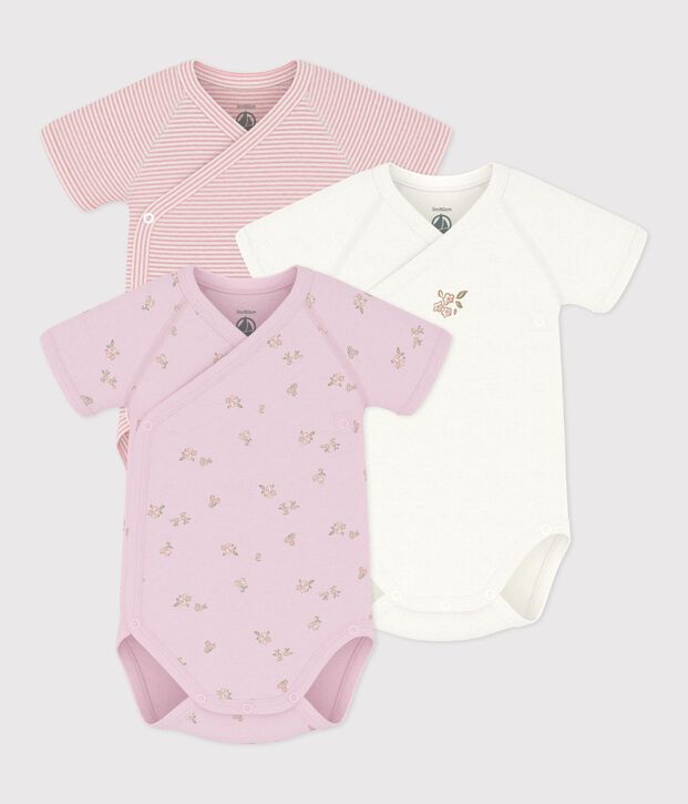 Pack of babies' short-sleeved printed cotton wrapover bodies multicolor