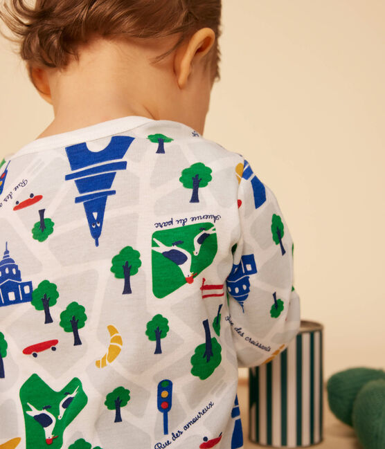 Babies' Paris Print Footless Cotton Pyjamas MARSHMALLOW white/MEDIEVAL blue