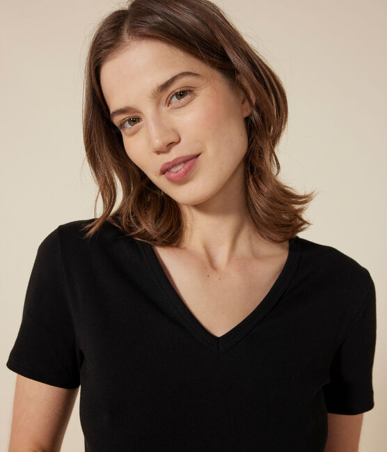 Women's iconic plain short-sleeved rib knit T-shirt BLACK black