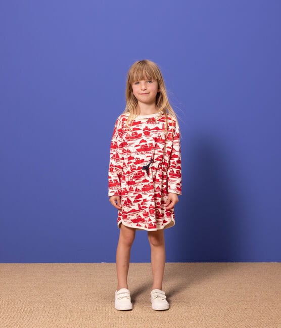 Girls' Long-Sleeved Patterned Fleece Dress AVALANCHE red/ROUGE