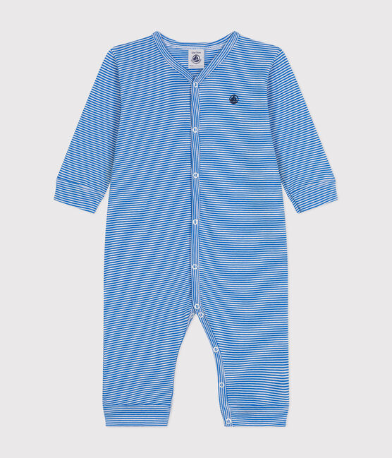 Babies' Footless Stripy Cotton Pyjamas DELPHINIUM /MARSHMALLOW