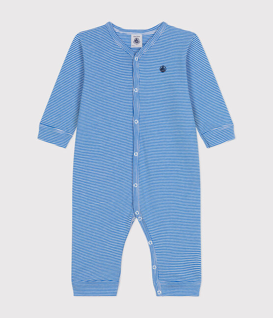 Babies' Footless Stripy Cotton Pyjamas DELPHINIUM /MARSHMALLOW