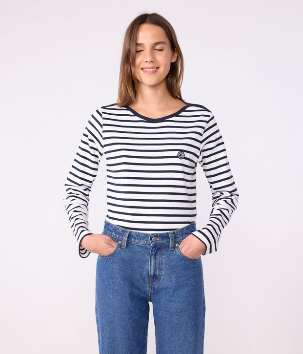 Women's long-sleeved cotton Breton top white/blue
