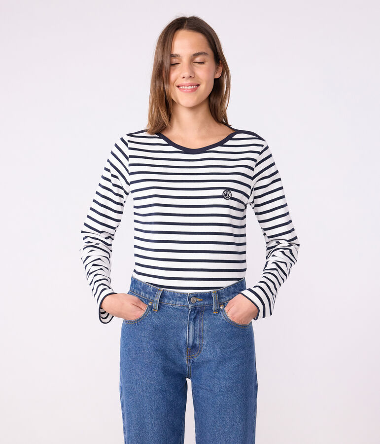 Women's long-sleeved cotton Breton top white/blue