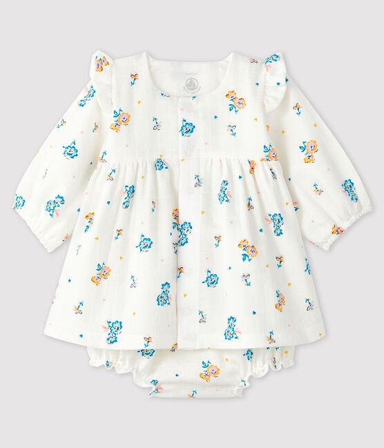 Long-sleeved floral dress with baby girl bloomers in nappy fabric MARSHMALLOW white/MULTICO white