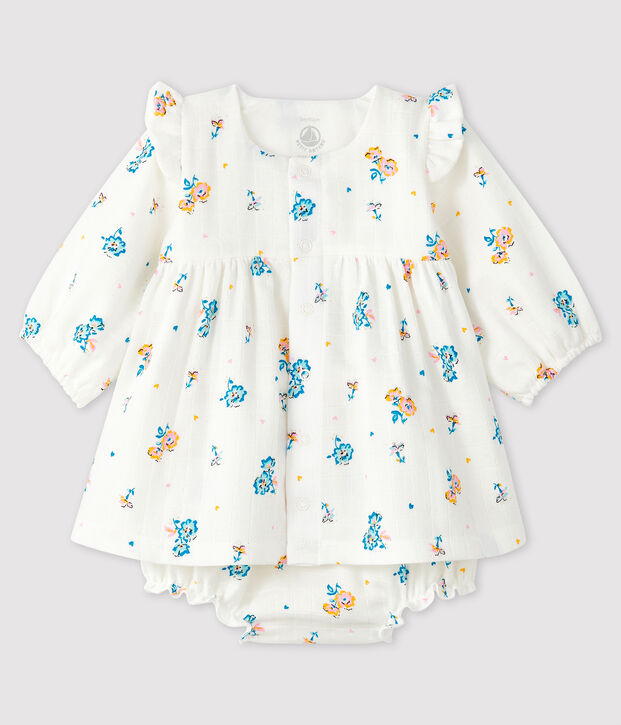 Long-sleeved floral dress with baby girl bloomers in nappy fabric white/multicolor