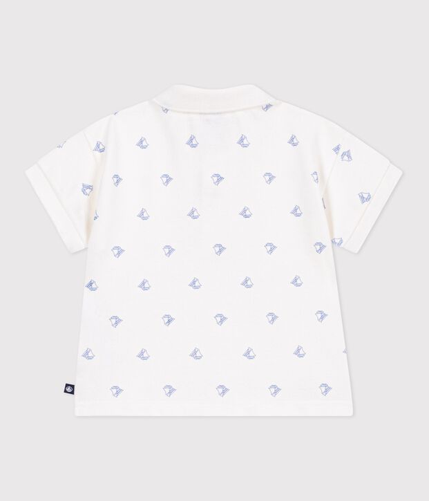 Babies' short-sleeved cotton polo shirt printed with vintage boats white/blue