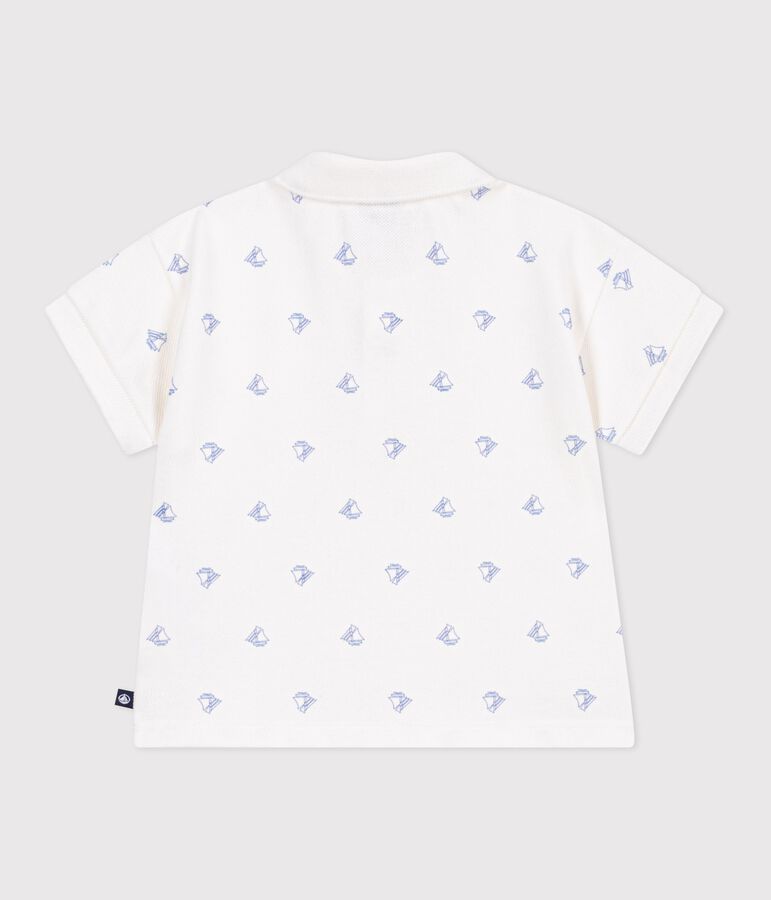 Babies' short-sleeved cotton polo shirt printed with vintage boats white/blue