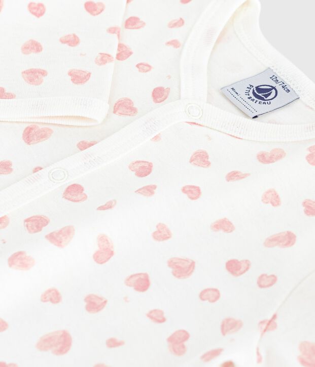 Babies' footless printed cotton pyjama suit white/pink