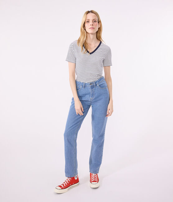 Women's Iconic Striped Cotton V-neck T-Shirt MARSHMALLOW white/SMOKING blue