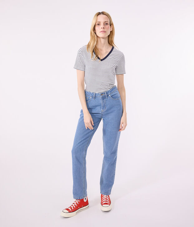 Women's Iconic Striped Cotton V-neck T-Shirt white/blue