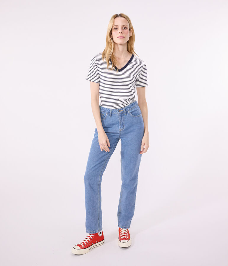 Women's Iconic Striped Cotton V-neck T-Shirt white/blue