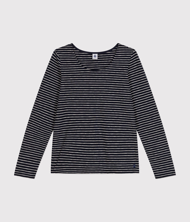 Women's Straight long-sleeved scoop neck T-shirt in slub jersey. blue/beige