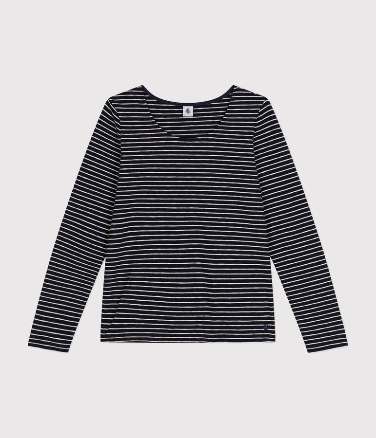 Women's Straight long-sleeved scoop neck T-shirt in slub jersey. blue/beige