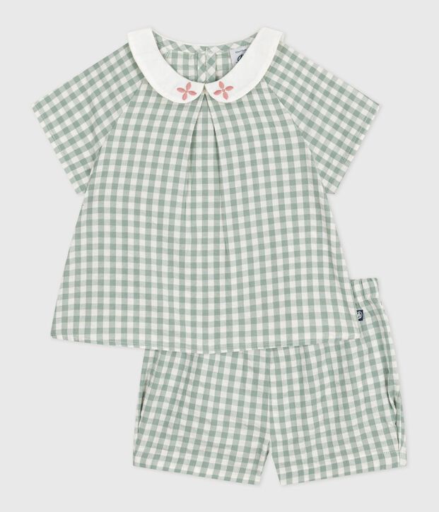 Babies' two-piece cotton gingham blouse and shorts set green/white