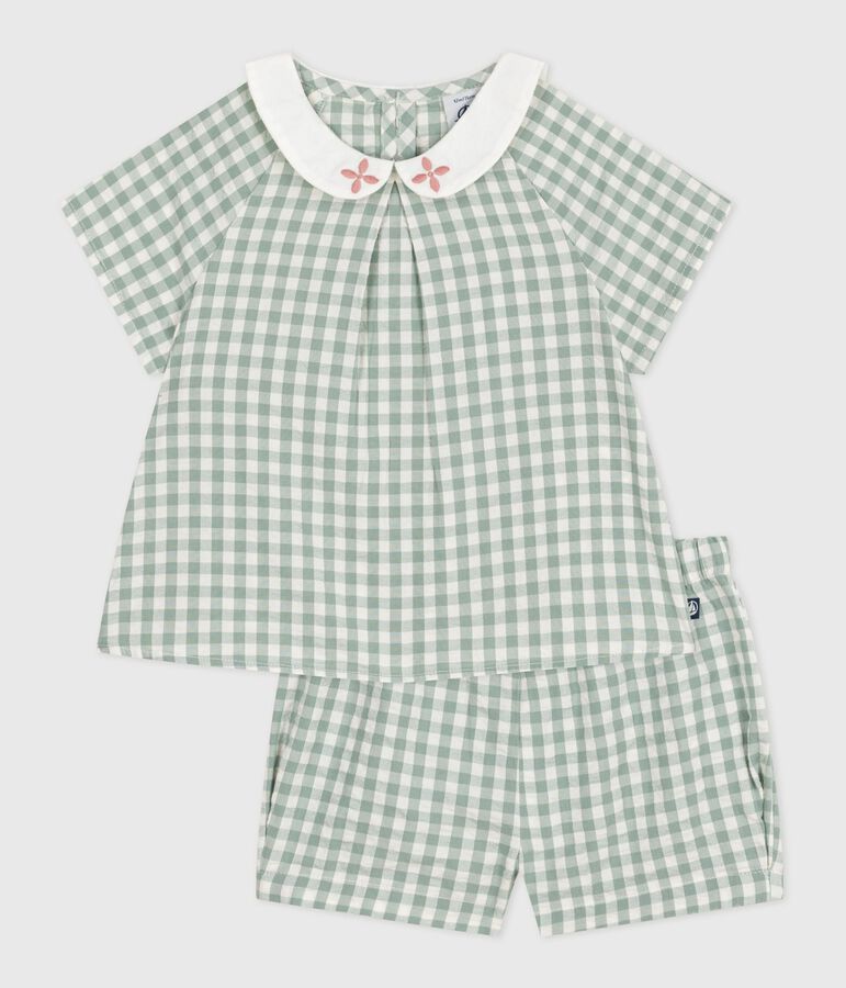 Babies' two-piece cotton gingham blouse and shorts set green/white