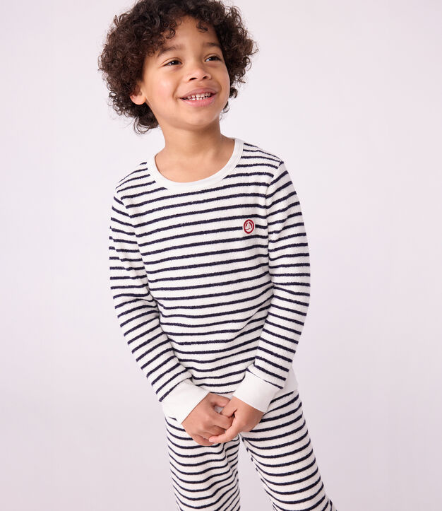 Children's stripy cotton terry pyjamas blue/blue