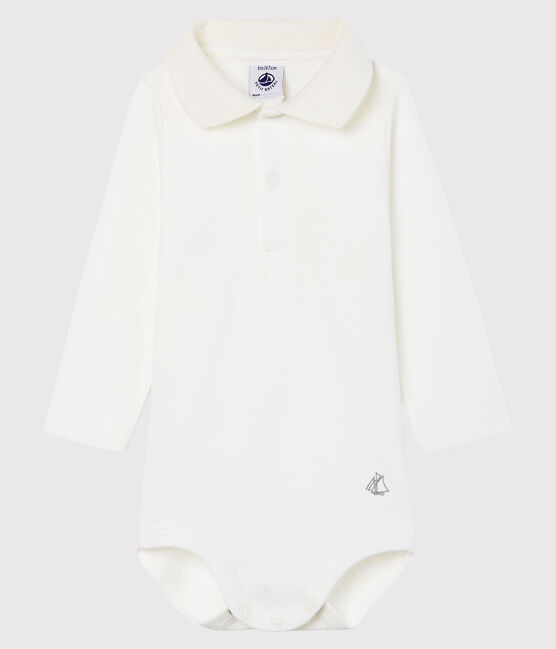 Baby Boys' Long-Sleeved Polo Shirt with Collar MARSHMALLOW white