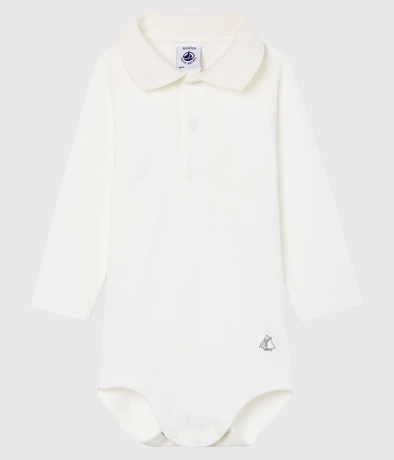 Baby Boys' Long-Sleeved Polo Shirt with Collar MARSHMALLOW white