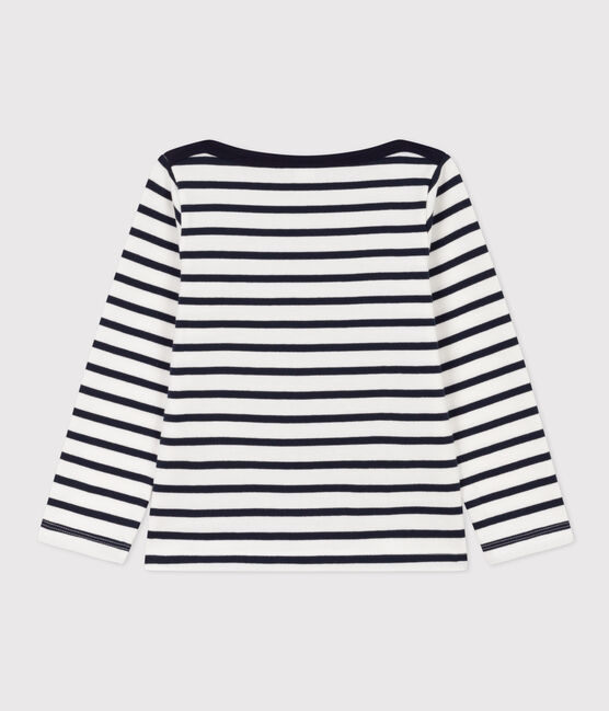 Girls' Thick Cotton Screen-Printed Breton Top MARSHMALLOW white/SMOKING blue