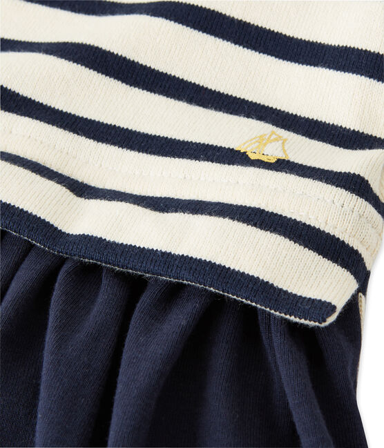Girl's striped dual fabric dress COQUILLE beige/SMOKING blue