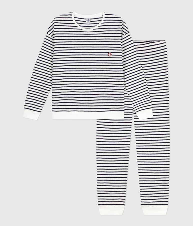 Women's stripy cotton terry pyjamas Ecru/blue
