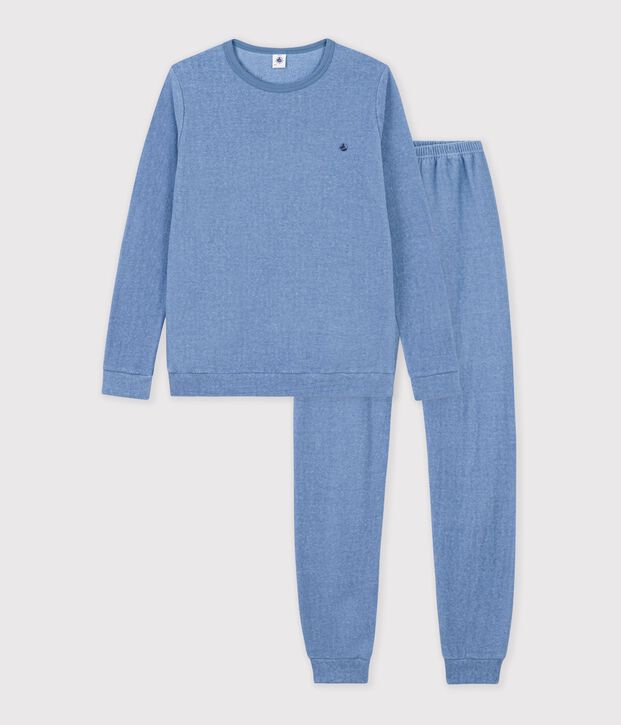 Children's plain cotton terry pyjamas blue