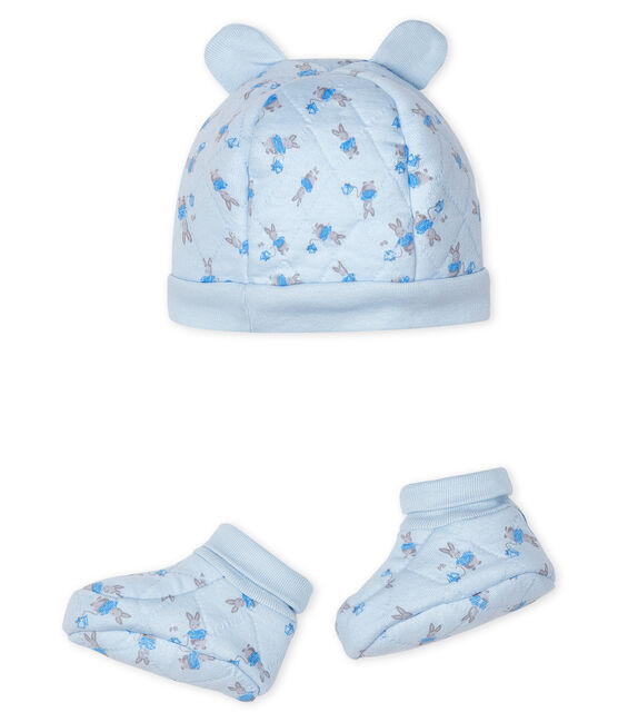 Baby Bonnet and Bootees Set in Tube Knit FRAICHEUR blue/MULTICO white