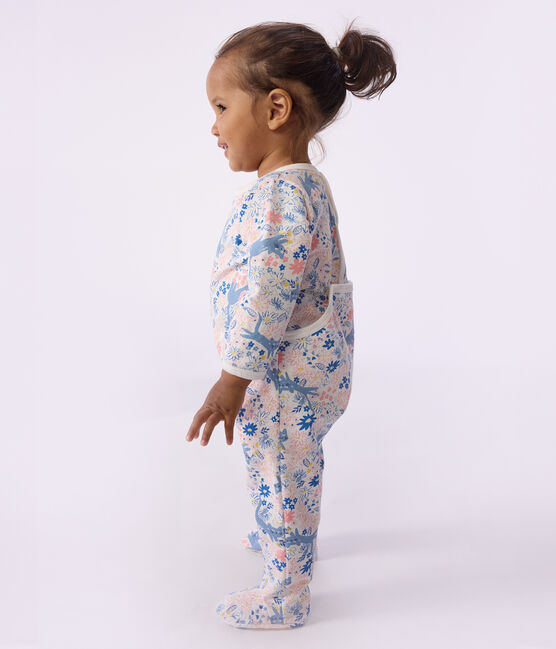 Babies' brushed fleece floral print pyjama suit with a back opening MARSHMALLOW white/MULTICO white
