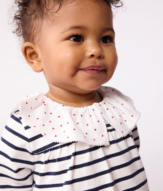 Babies' long-sleeved cotton blouse with Breton stripes and hearts on the collar MARSHMALLOW white/SMOKING blue