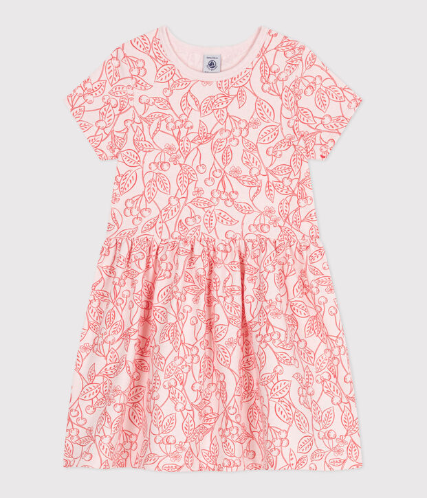 Children's short-sleeved printed cotton dress pink/red