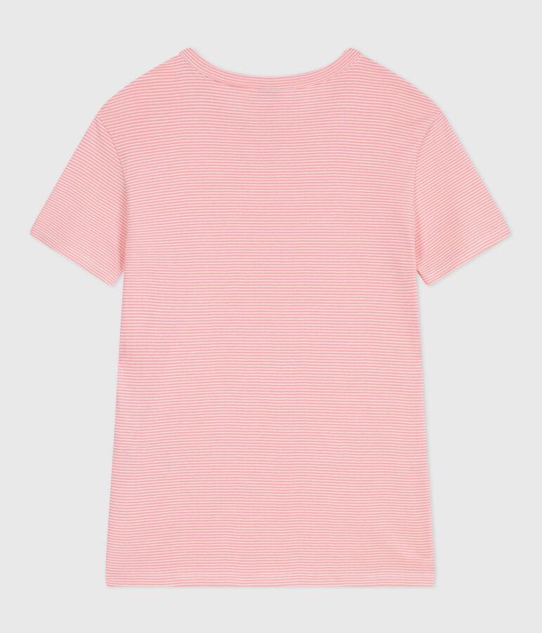 Women's short-sleeved stripy cotton T-shirt pink/white