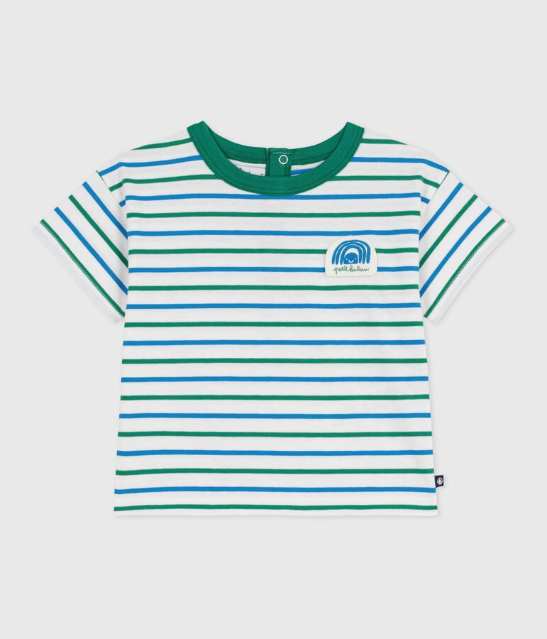 Babies' short-sleeved stripy cotton T-shirt white/multicolor