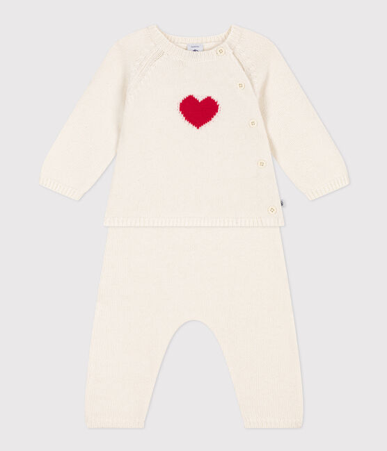 Babies' Wool/Cotton Heart Patterned Knit 2-Piece Outfit MARSHMALLOW red/CORRIDA white