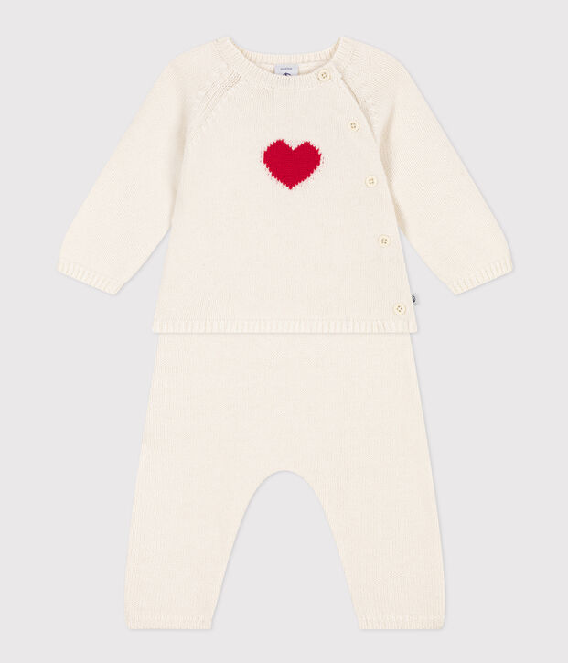 Babies' Wool/Cotton Heart Patterned Knit 2-Piece Outfit white/red
