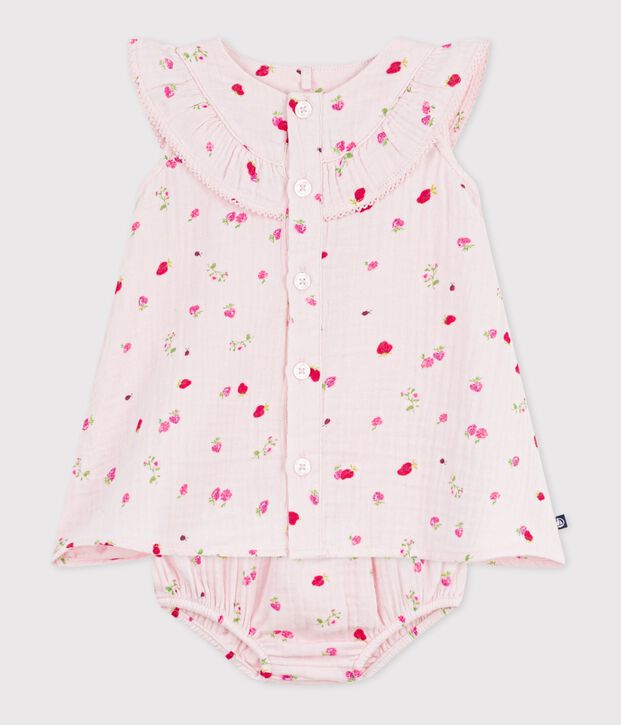 Babies' cotton baby dress with bloomers, printed with flowers pink/multicolor