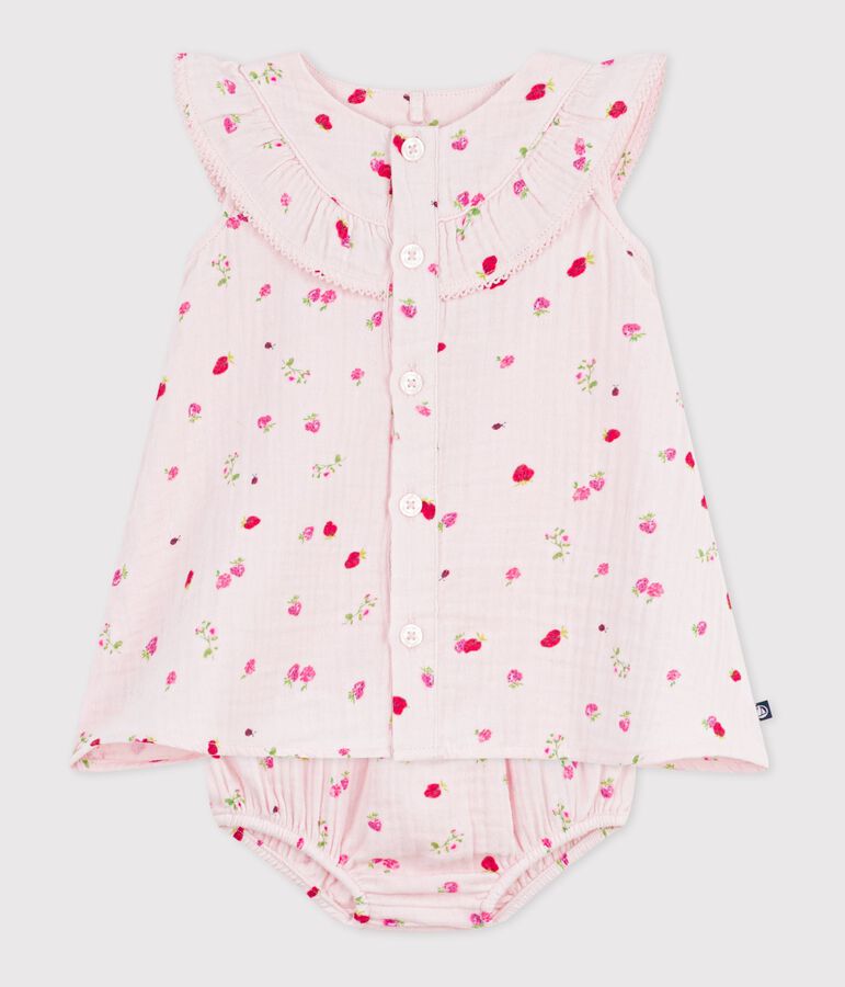 Babies' cotton baby dress with bloomers, printed with flowers pink/multicolor