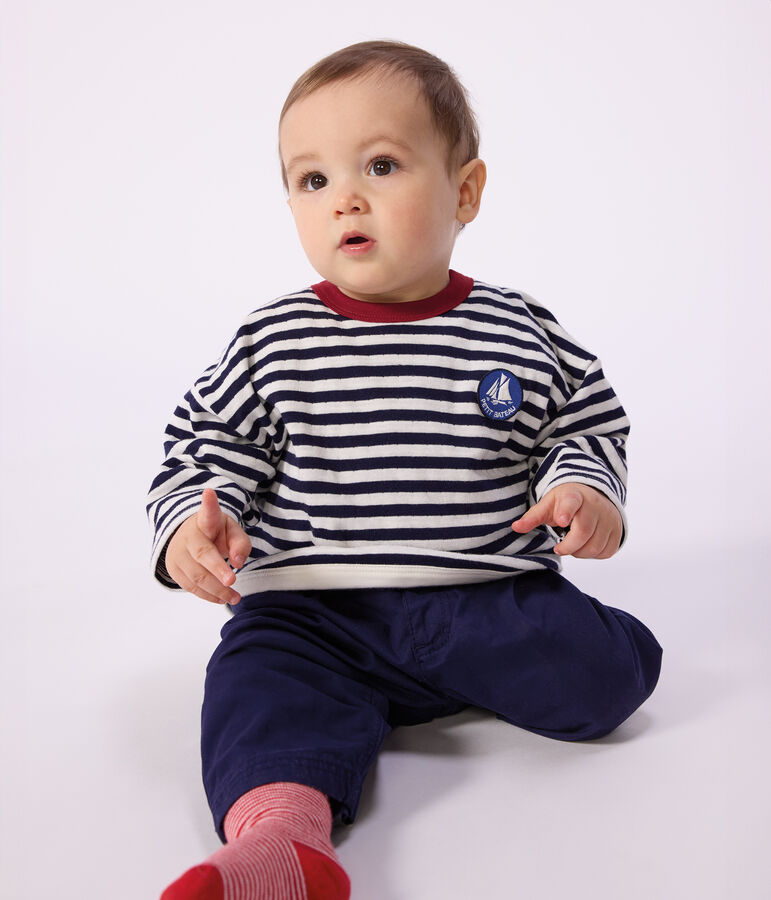 Babies' long-sleeved stripy cotton T-Shirt blue/ecru