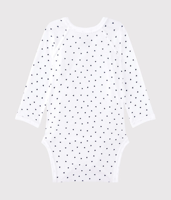 Newborn baby girls' long-sleeved printed bodysuit ECUME white/MEDIEVAL blue