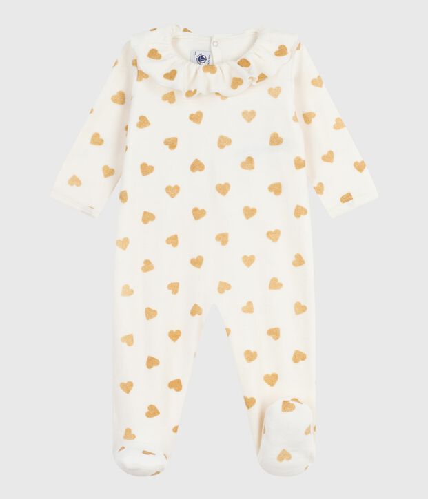 Baby pajamas in velvet with opening at the back and printed with sequined hearts Ecru/yellow