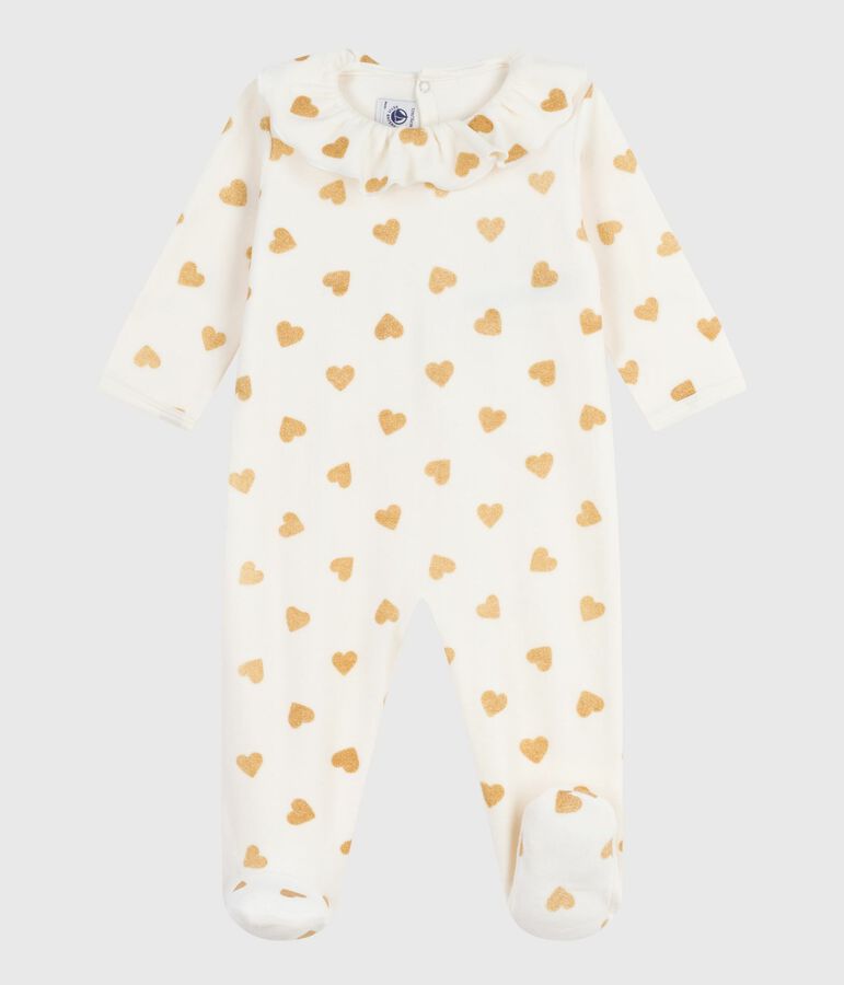 Baby pajamas in velvet with opening at the back and printed with sequined hearts MILK /DORE