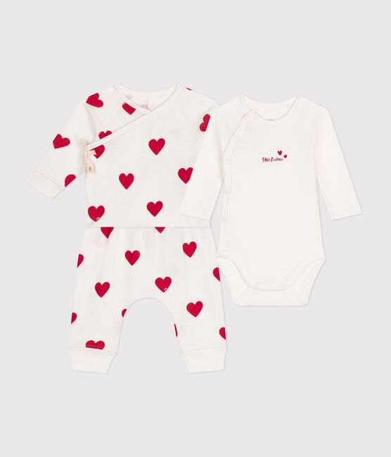 Babies' Cotton Striped Outfit - 3-Piece Set MARSHMALLOW white/TERKUIT red