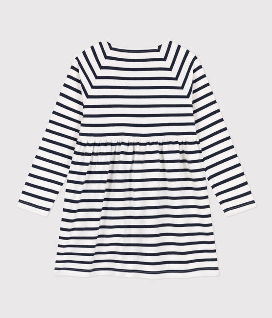 Girls' long-sleeved dress in stripy thick cotton MARSHMALLOW white/SMOKING blue