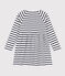 Girls' long-sleeved dress in stripy thick cotton MARSHMALLOW white/SMOKING blue