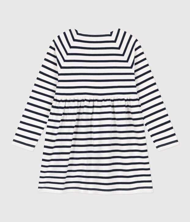 Girls' long-sleeved dress in stripy thick cotton white/blue
