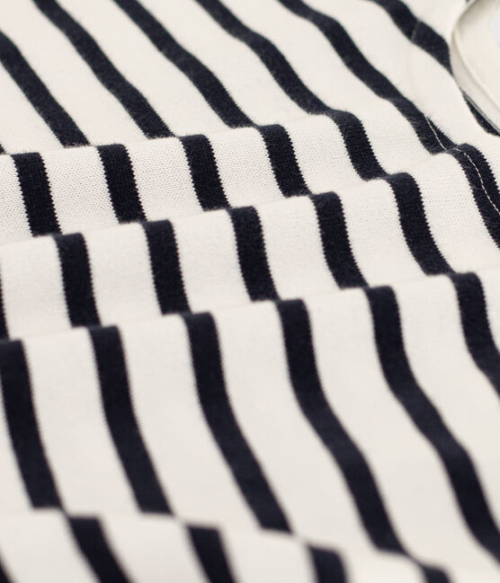 Girls' Stripy Short-Sleeved Cotton T-Shirt MARSHMALLOW white/SMOKING blue