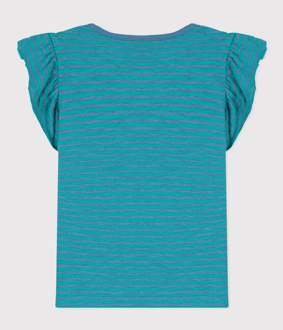 Girls' Striped Cotton T-Shirt LAVIS green/VERDE blue
