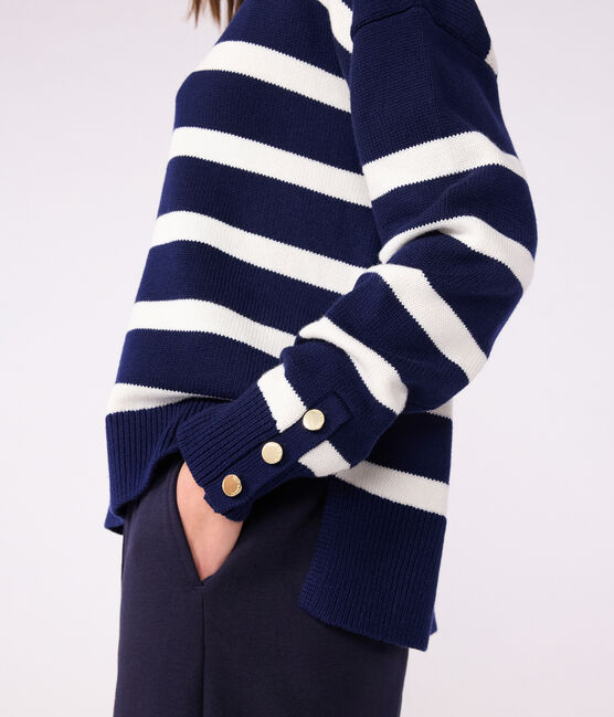 Women's striped wool and cotton jumper with a stand-up collar SOIR blue/MARSHMALLOW