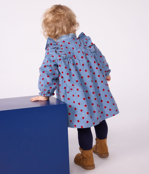 Babies' long-sleeved apple-print corduroy dress blue/multicolor