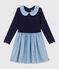 Girls' long-sleeved cotton dress in two materials blue